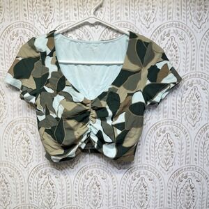OFFLINE by Aerie Real Me Crop Top Womens M Green Camo Ruched V-Neck Athletic NWT
